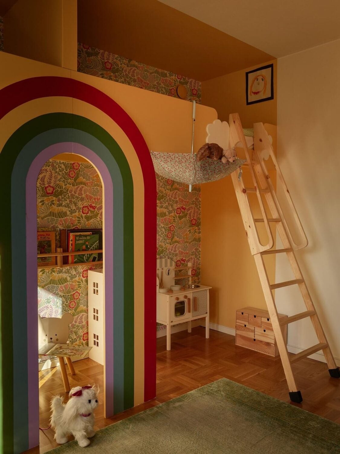 A Midcentury Swedish Apartment with Bold Colors 18 childrens room rainbow loft bed