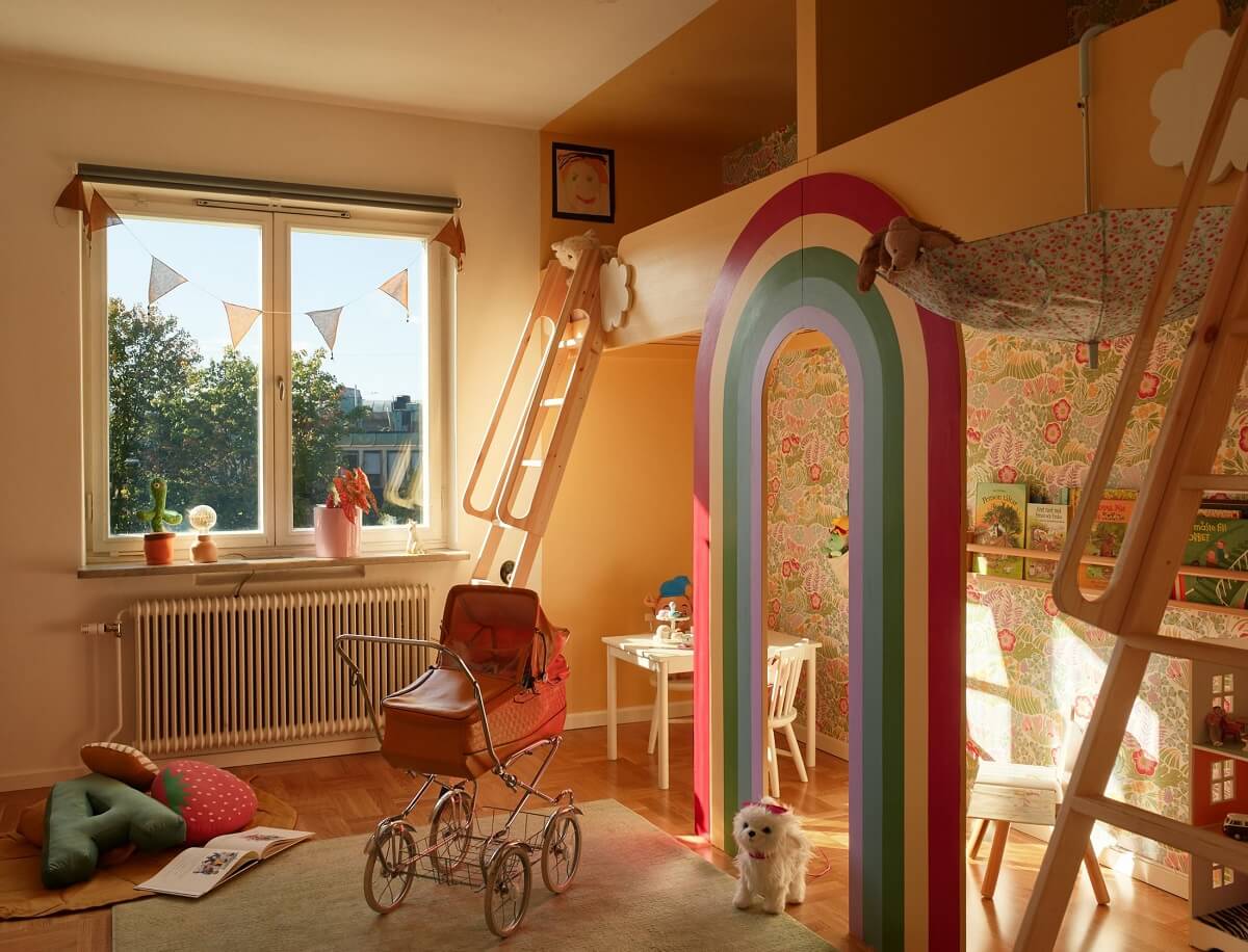 A Midcentury Swedish Apartment with Bold Colors 16 childrens room with loft bed