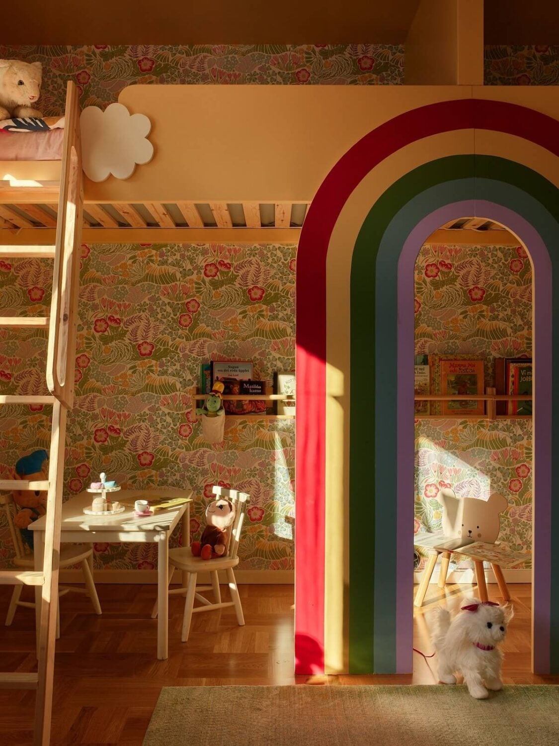 A Midcentury Swedish Apartment with Bold Colors 17 colorful childrens bedroom with double loft beds