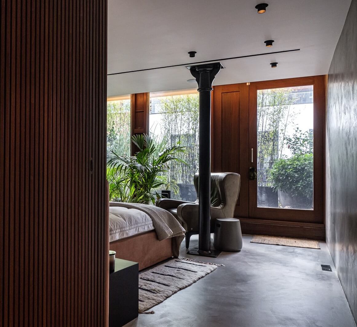 An Industrial, Loft-Style Duplex with Japanese Landscaped Roof Terraces 14 concrete and wood bedroom