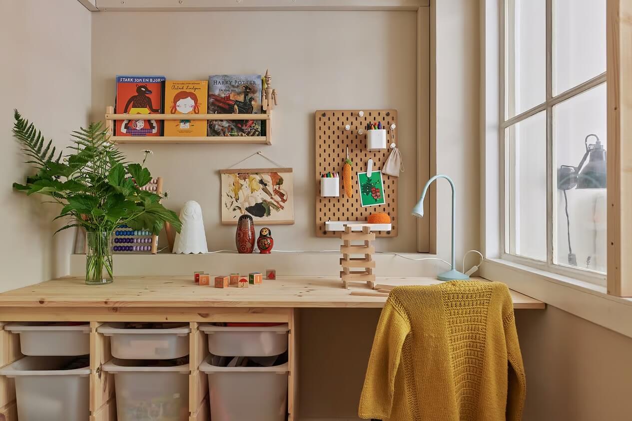 Soothing Colors and Smart Solutions in a Two Bedroom Apartment 16 custom wooden desk with storage baskets