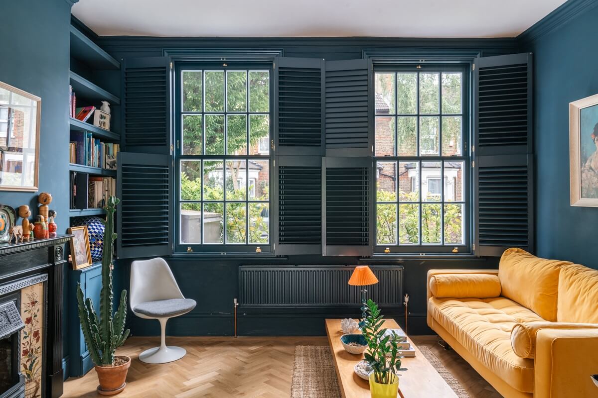 A Dark Blue Living Room in a Historic London Home 2 dark blue living room with shutters