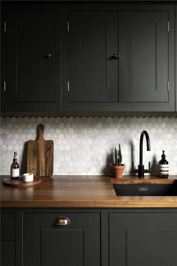 A Stylish Two Bedroom Maisonette in London 6 dark gray kitchen cabinets and wooden worktop