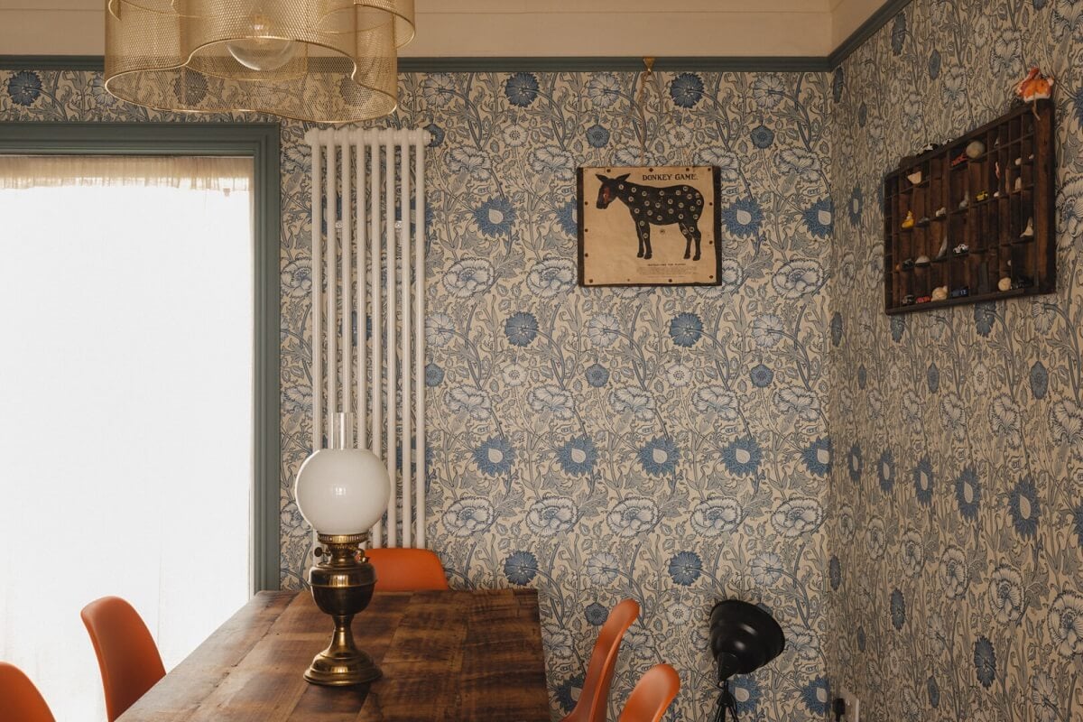 A Charming Victorian House with a Lovely Kitchen 9 dining room blue wallpaper