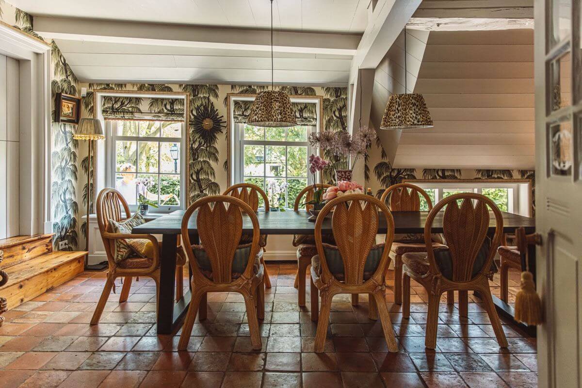 An Eclectic Colorful House in an Old Dutch Farmhouse 7 dining room terracotta floor wallpaper