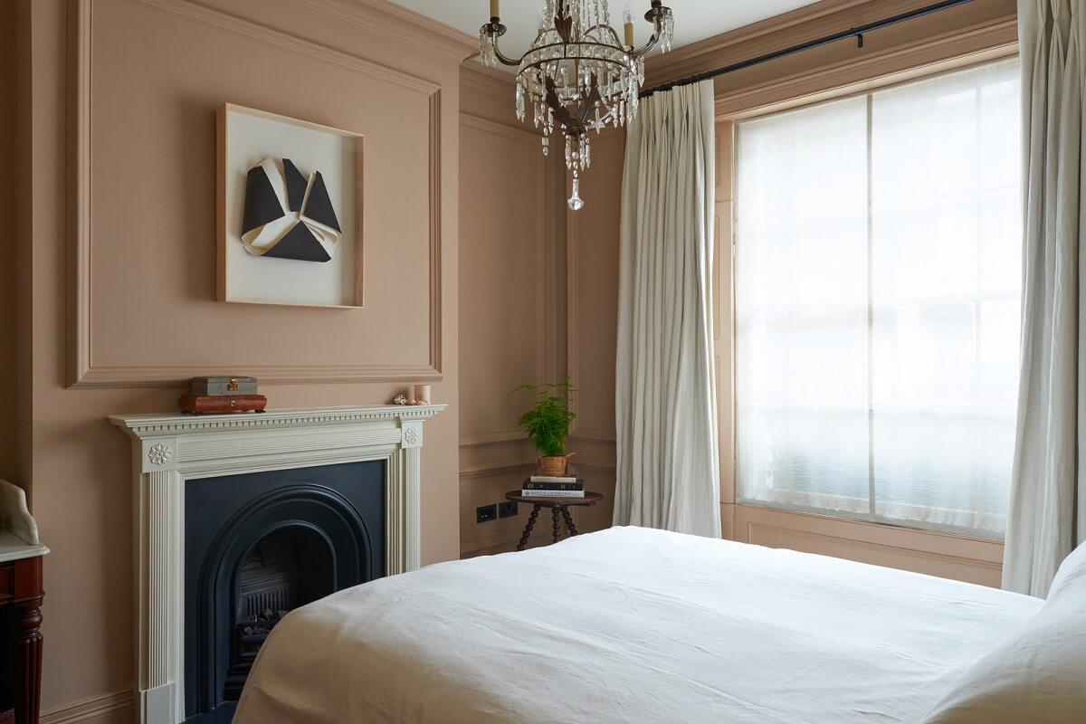 A Luxurious Two-Bedroom Maisonette in Primrose Hill 14 dusty pink bedroom with fireplace