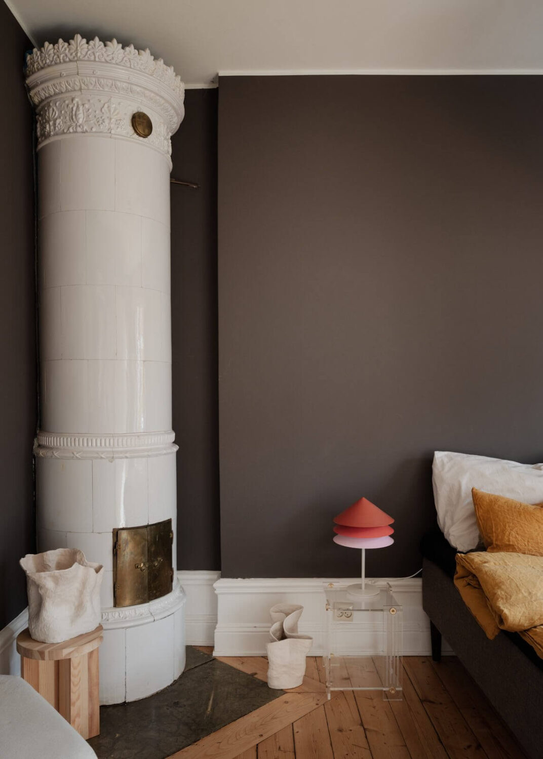 An Apartment with William Morris Wallpaper and a Dull Plum Bedroom 18 fireplace and deep plum walls bedroom nordroom
