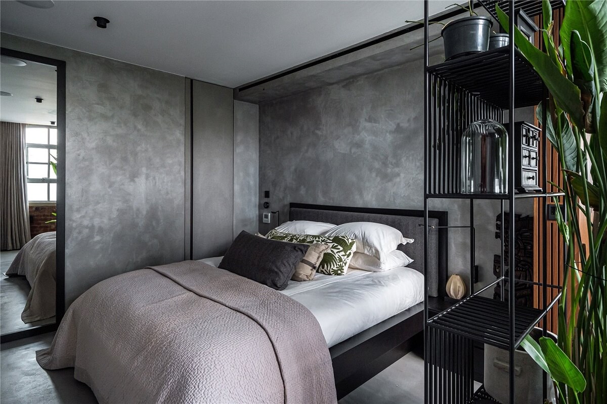 An Industrial, Loft-Style Duplex with Japanese Landscaped Roof Terraces 19 gray industrial bedroom