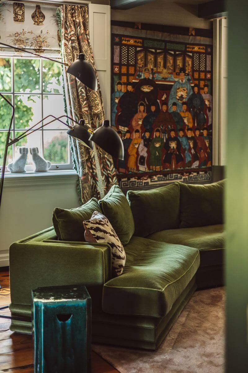 An Eclectic Colorful House in an Old Dutch Farmhouse 4 green velvet sofa