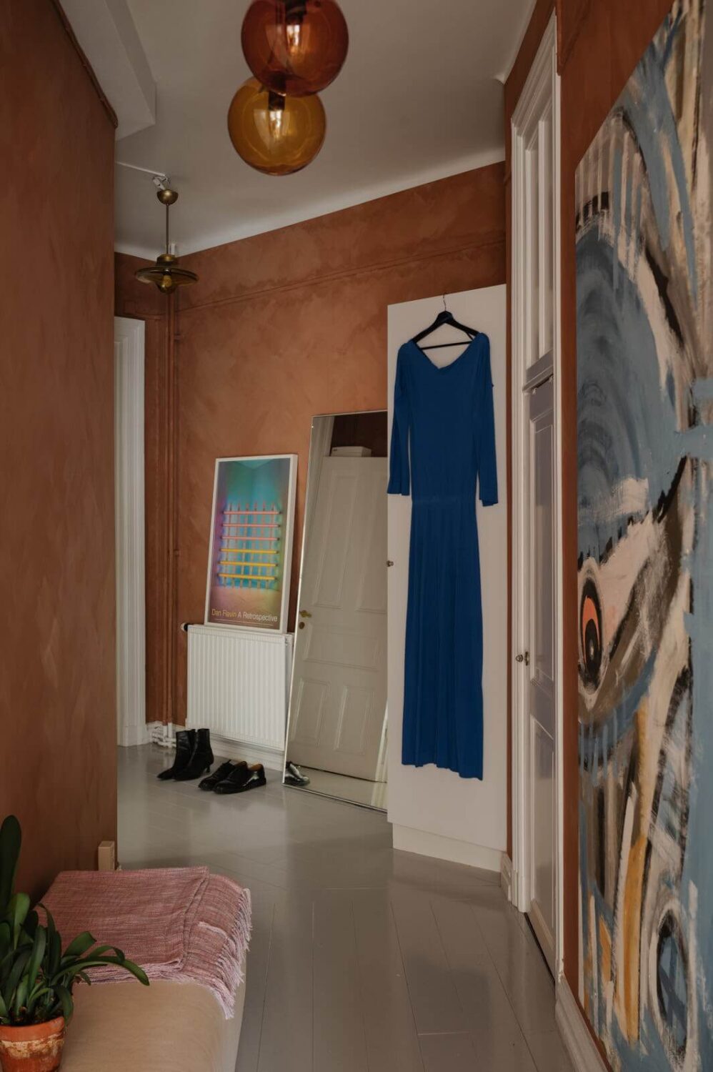 An Apartment with William Morris Wallpaper and a Dull Plum Bedroom 22 hallway gray floor and terracotta lime plaster walls nordroom