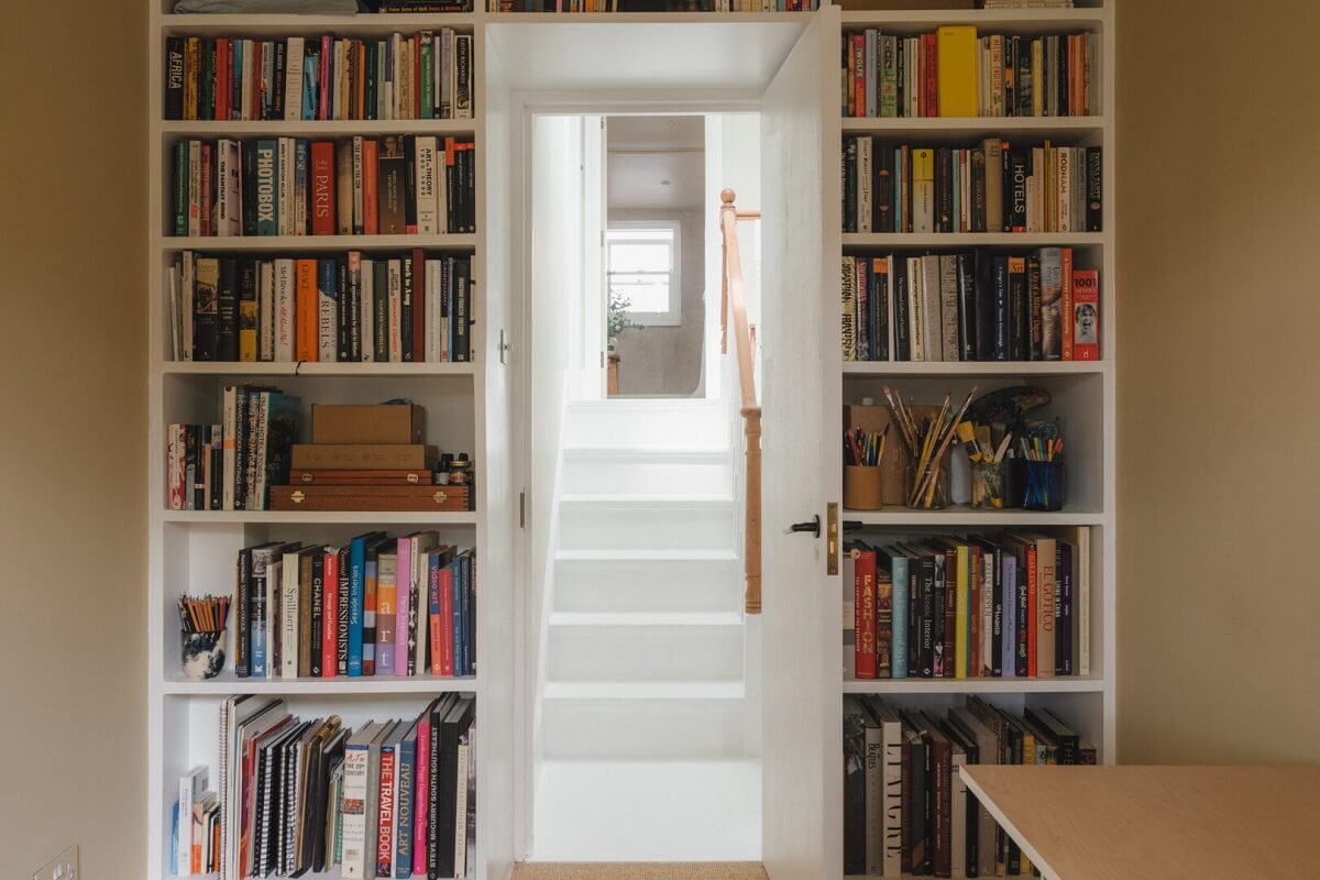 A Soft and Natural Color Palette in a Victorian Home 18 home office with bookcases