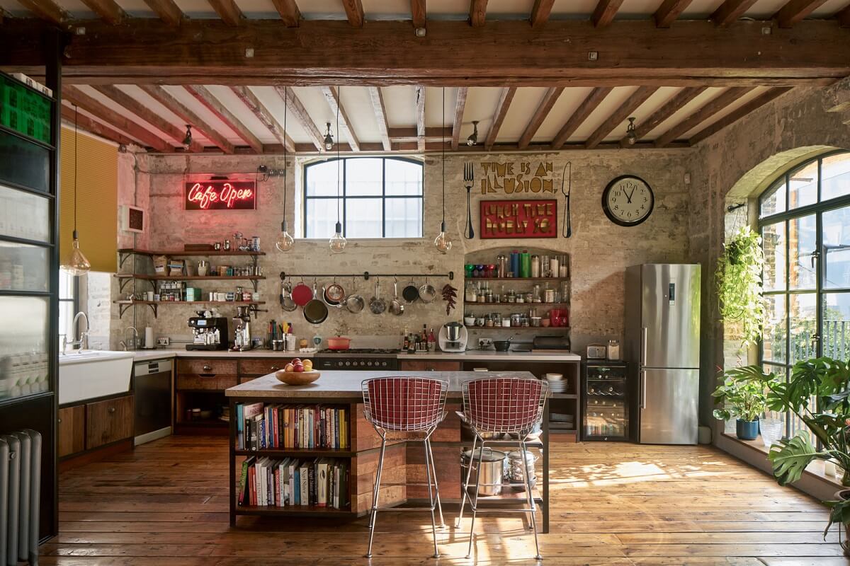 An Industrial and Colorful Warehouse Conversion in London 4 kitchen in industrial warehouse apartment
