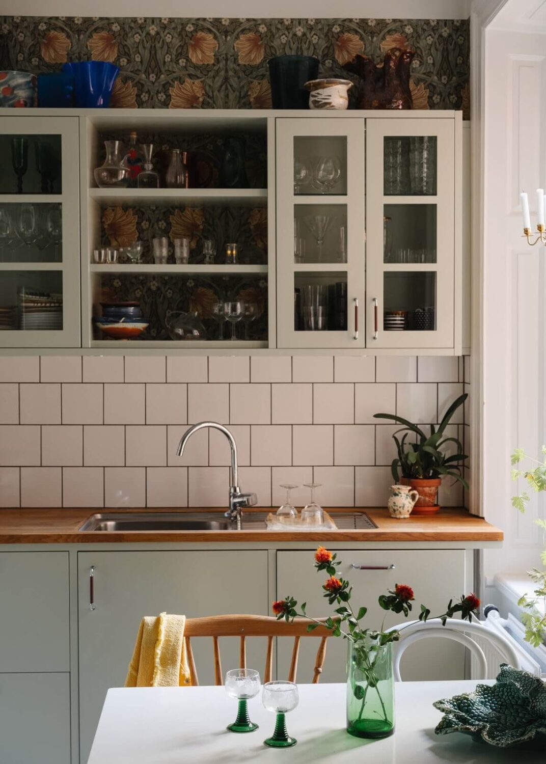 An Apartment with William Morris Wallpaper and a Dull Plum Bedroom 2 light green kitchen cabinets and william morris wallpaper nordroom