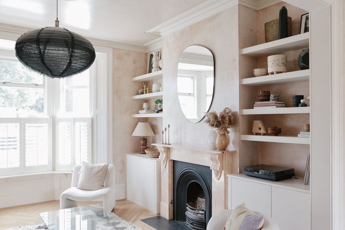 An English House with Carefully Restored Period Features 3 light living room bay window pink walls