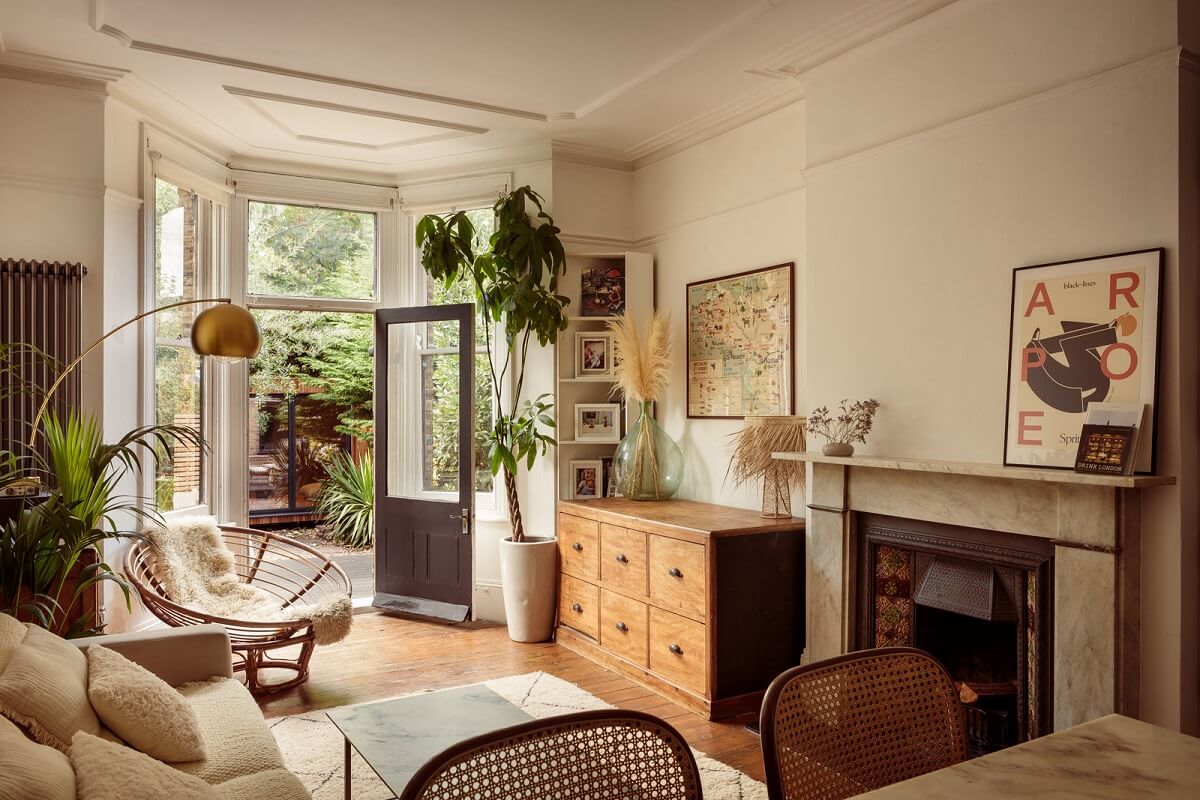 A Warm Ground Floor Apartment with Reclaimed Materials 2 living room with bay window and fireplace