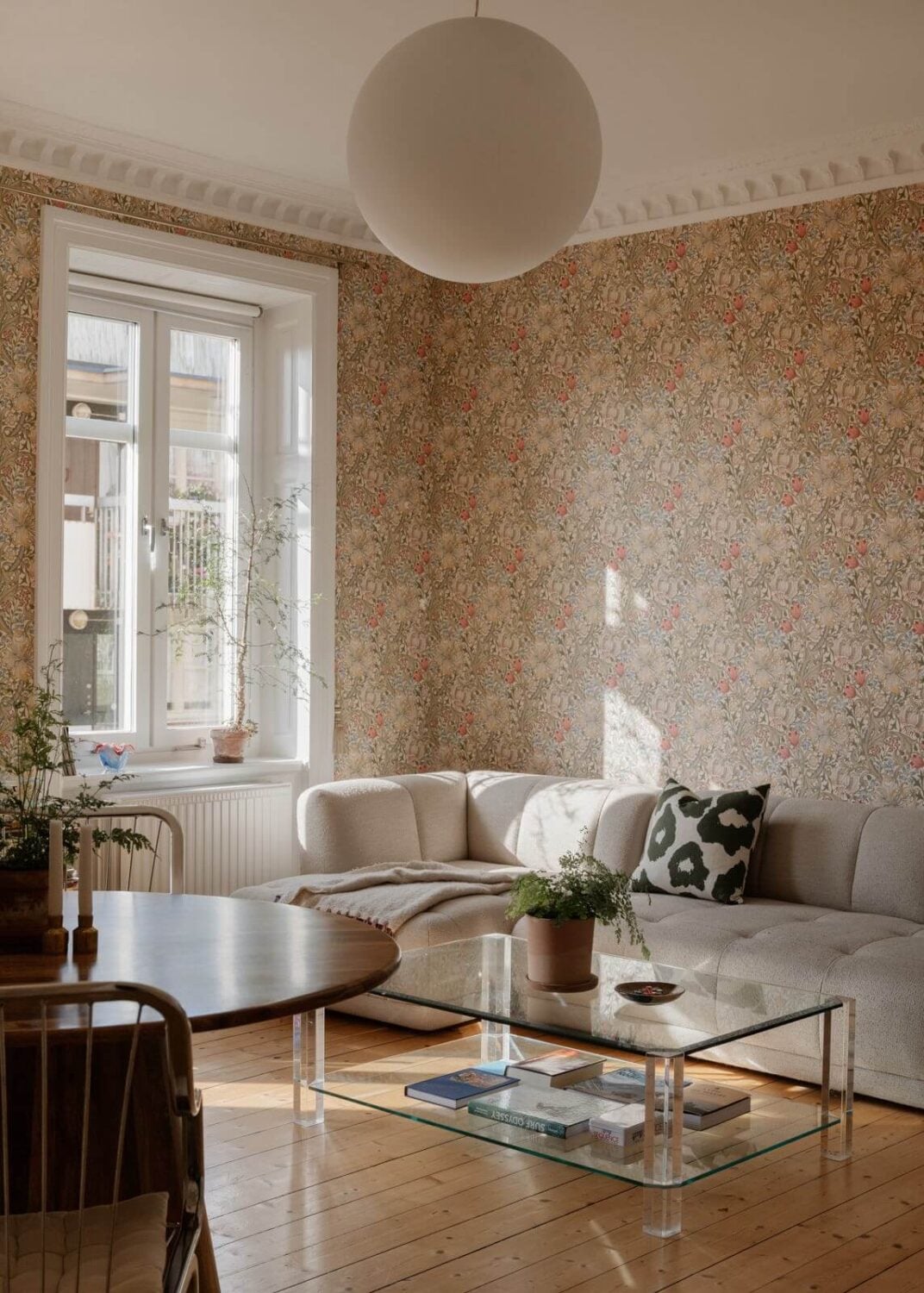 An Apartment with William Morris Wallpaper and a Dull Plum Bedroom 12 living room with wooden floor and william morris wallpaper nordroom