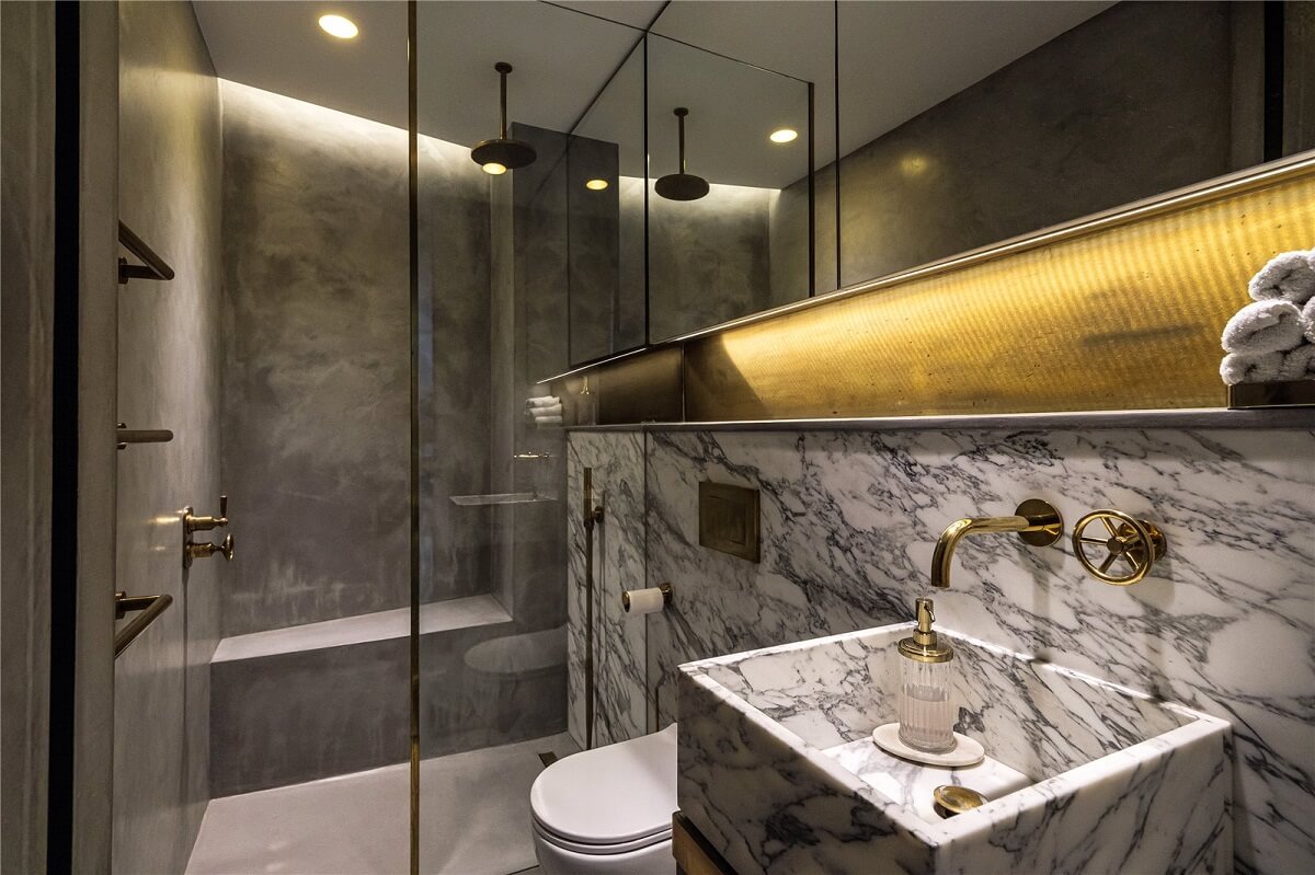An Industrial, Loft-Style Duplex with Japanese Landscaped Roof Terraces 20 luxurious marble bathroom with large shower