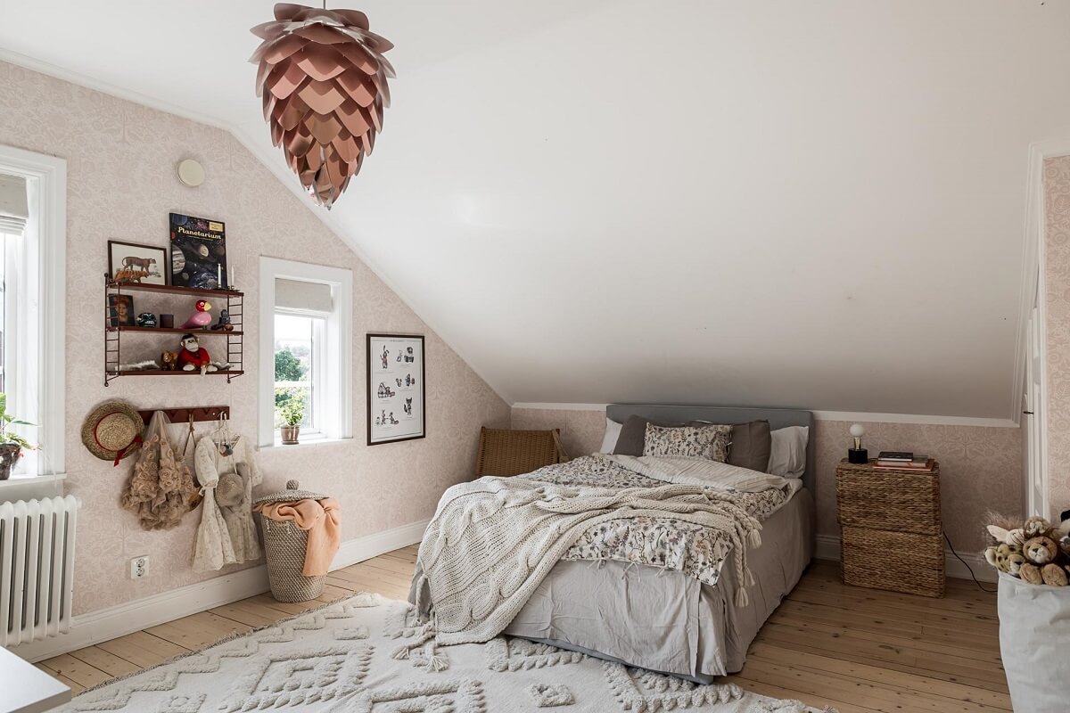 A Lovely Early 20th Century House with Wallpapers 13 neutral colored attic bedroom