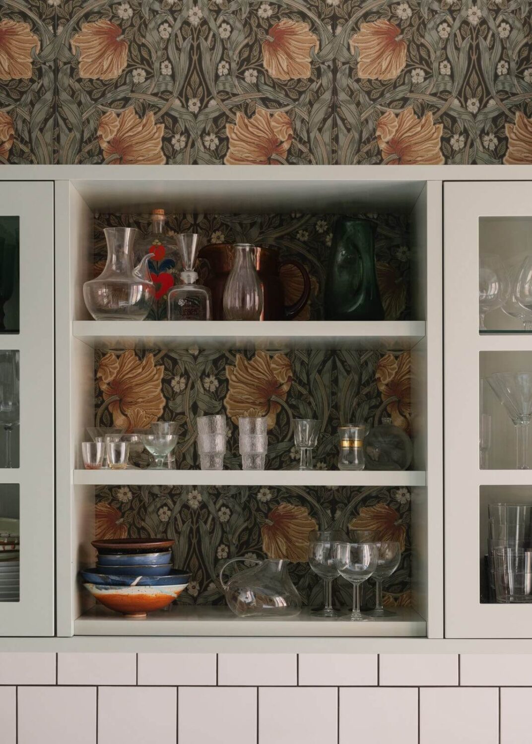 An Apartment with William Morris Wallpaper and a Dull Plum Bedroom 4 open kitchen cabinet and william morris pimpernel wallpaper nordroom