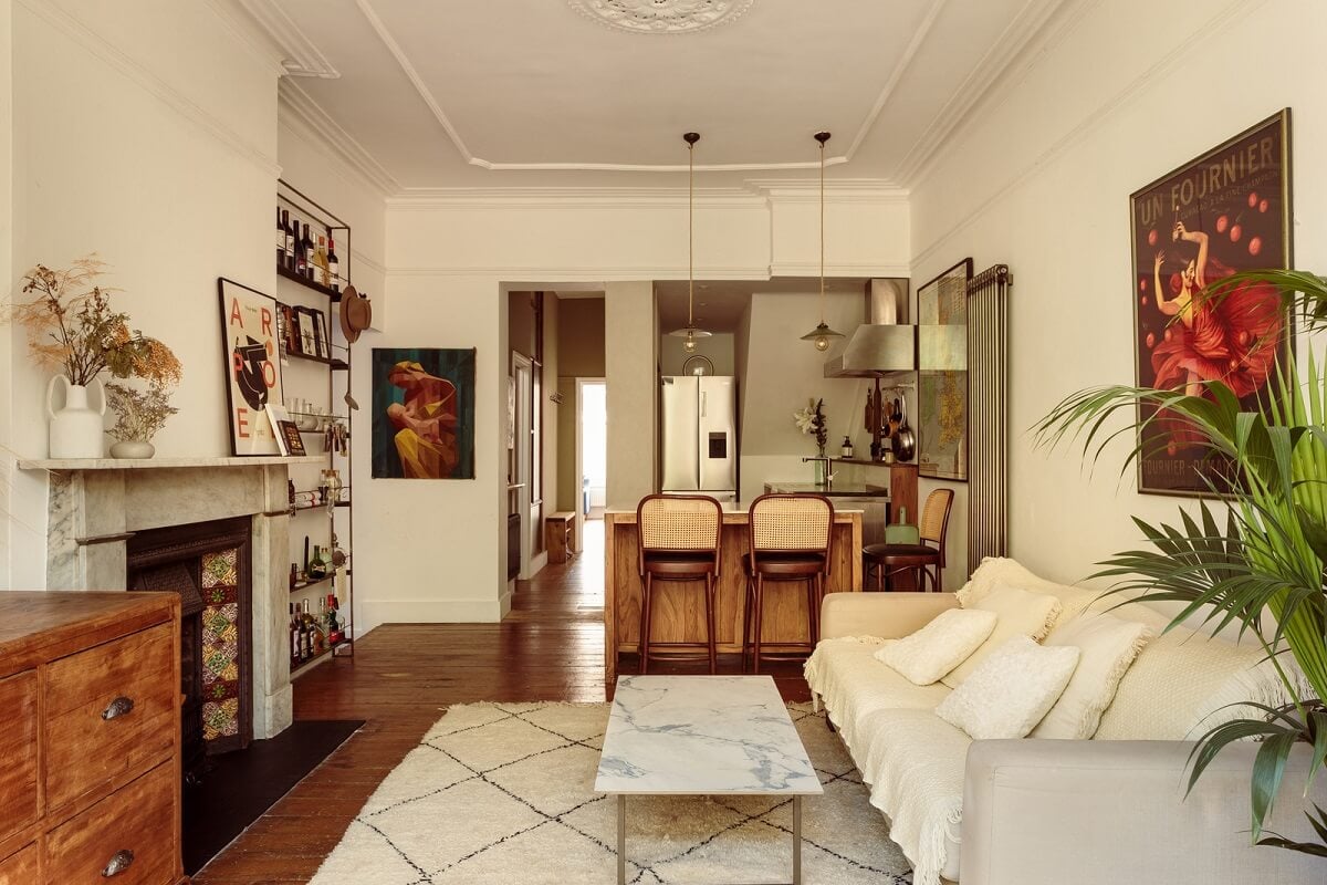 A Warm Ground Floor Apartment with Reclaimed Materials 5 open plan living room kitchen