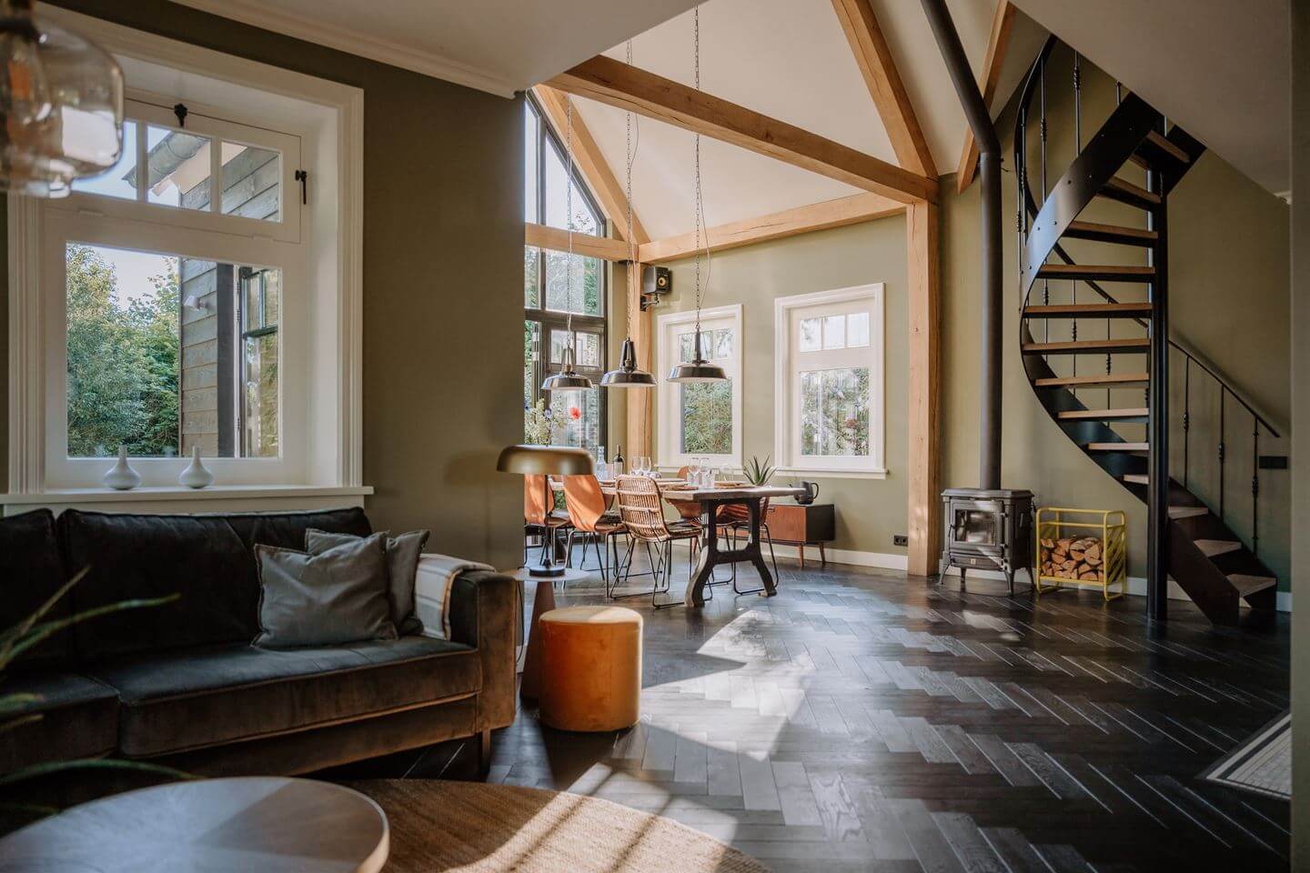 Historic Charm in a New Country House in The Netherlands 4 open plan living space with dark herringbone floor