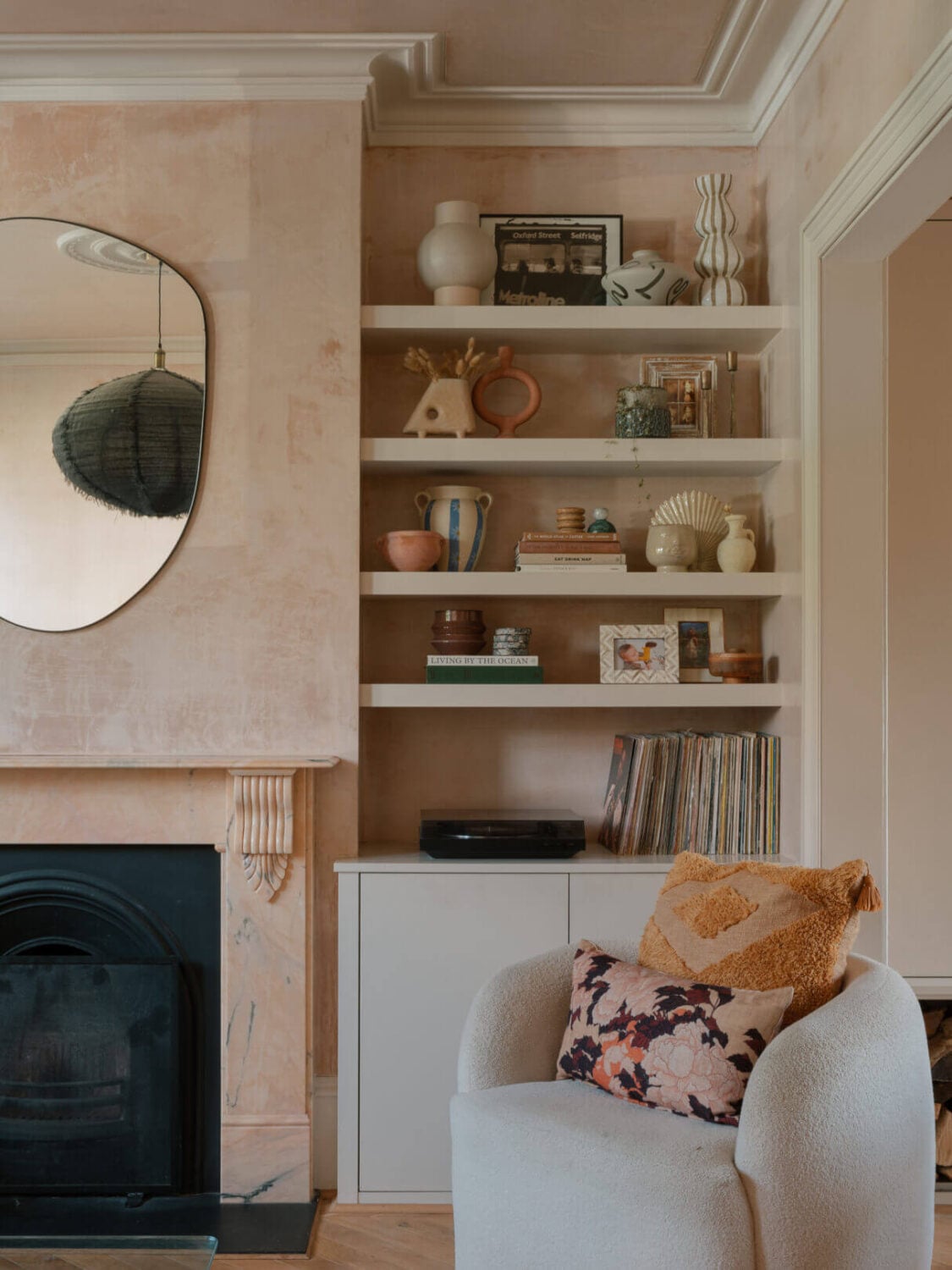 An English House with Carefully Restored Period Features 2 plaster pink walls built in shelves