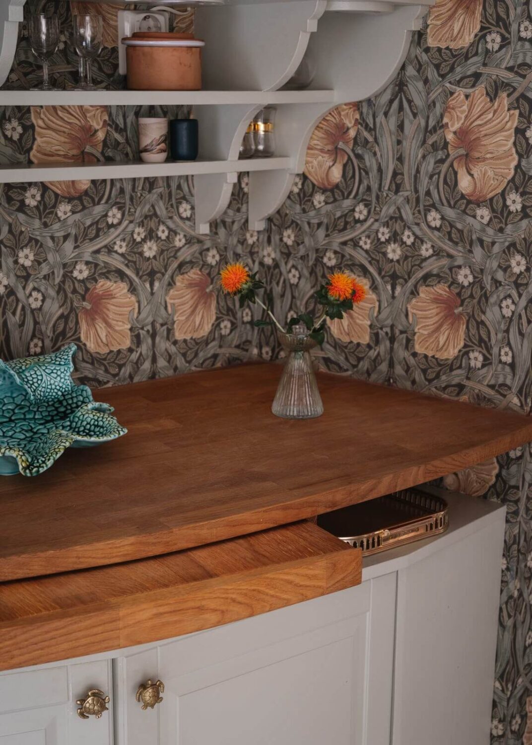 An Apartment with William Morris Wallpaper and a Dull Plum Bedroom 7 rounded kitchen cabinet pimpernel wallpaper