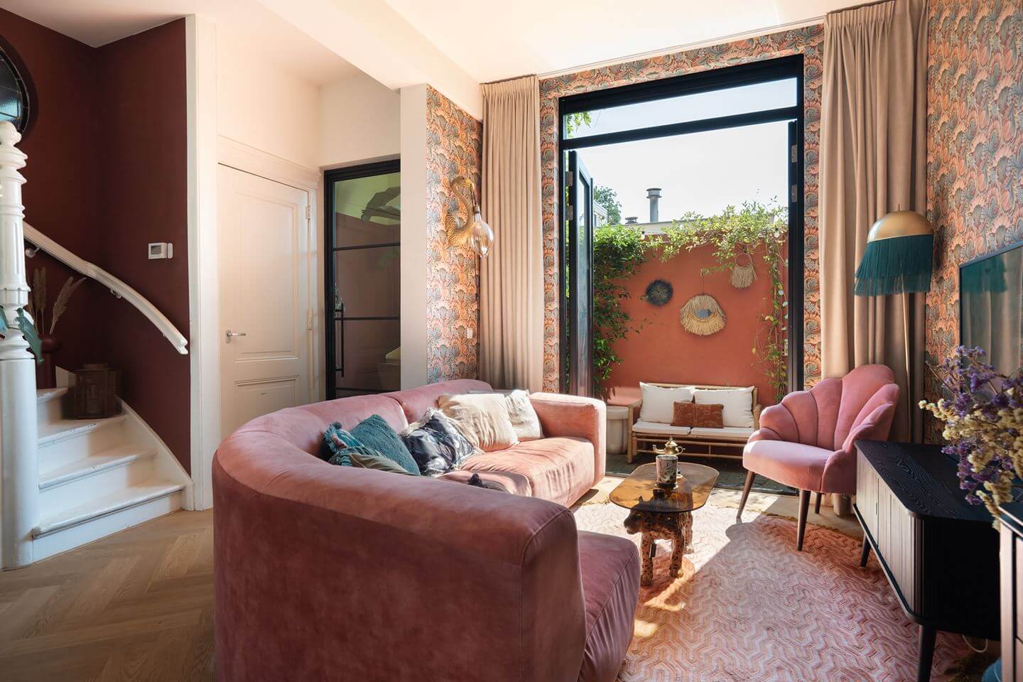 Rich Colors in a Charming Late 19th-Century Home in The Netherlands 3 small living room with pink sofa