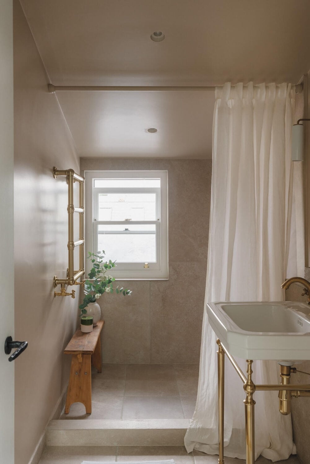 A Soft and Natural Color Palette in a Victorian Home 19 stylish small bathroom with shower curtain