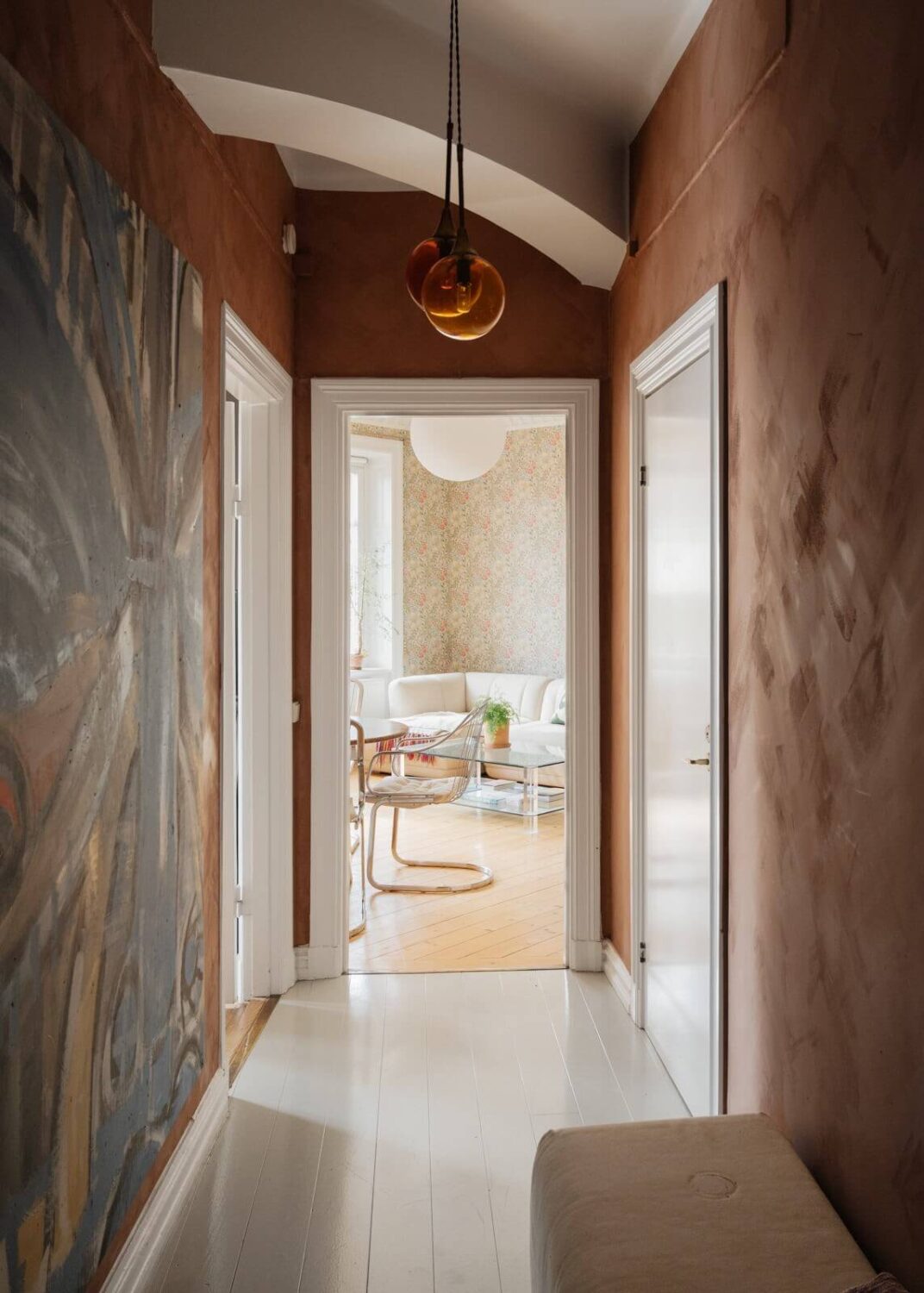 An Apartment with William Morris Wallpaper and a Dull Plum Bedroom 21 terracotta lime plaster walls hallway