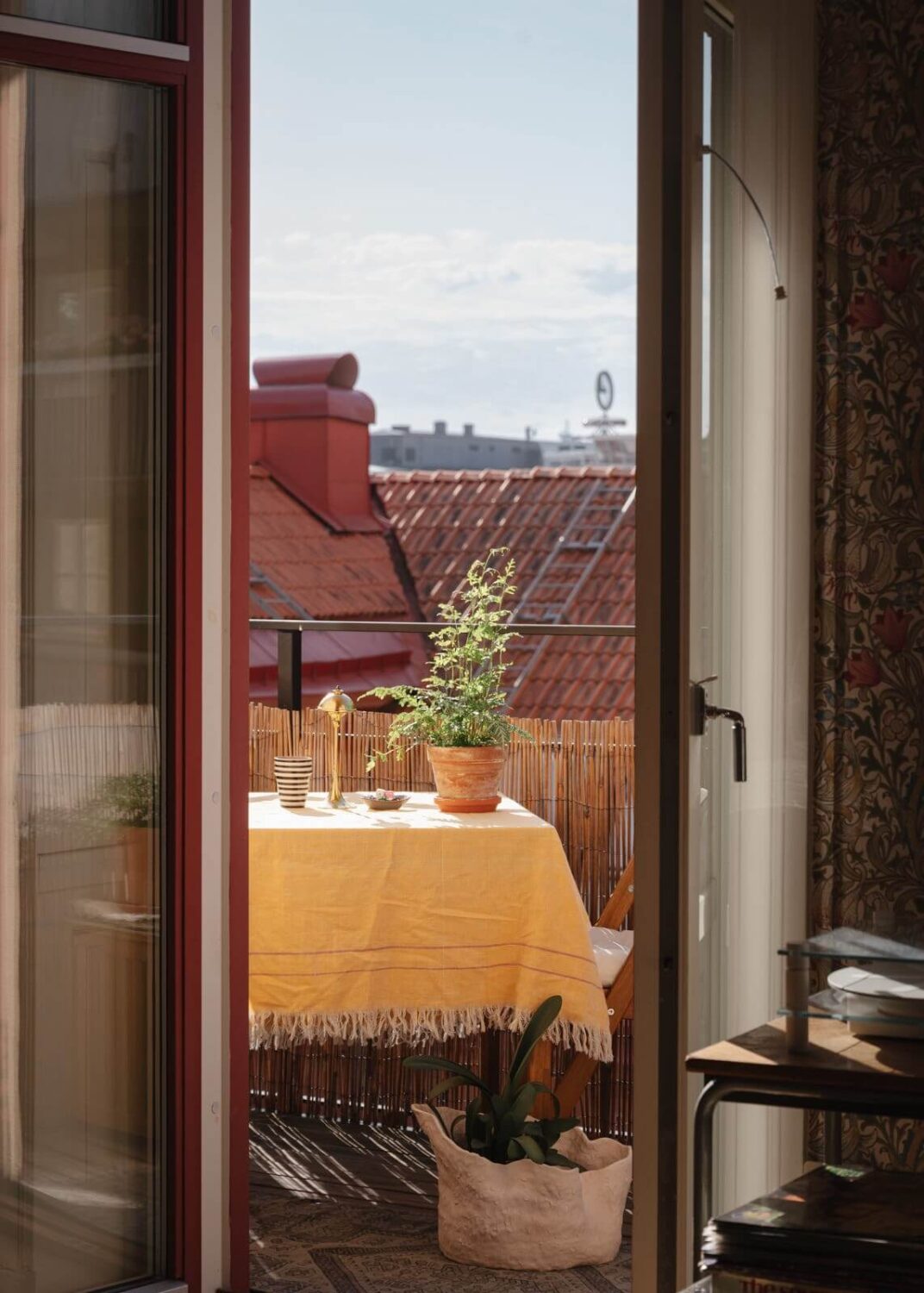 An Apartment with William Morris Wallpaper and a Dull Plum Bedroom 9 view to balcony