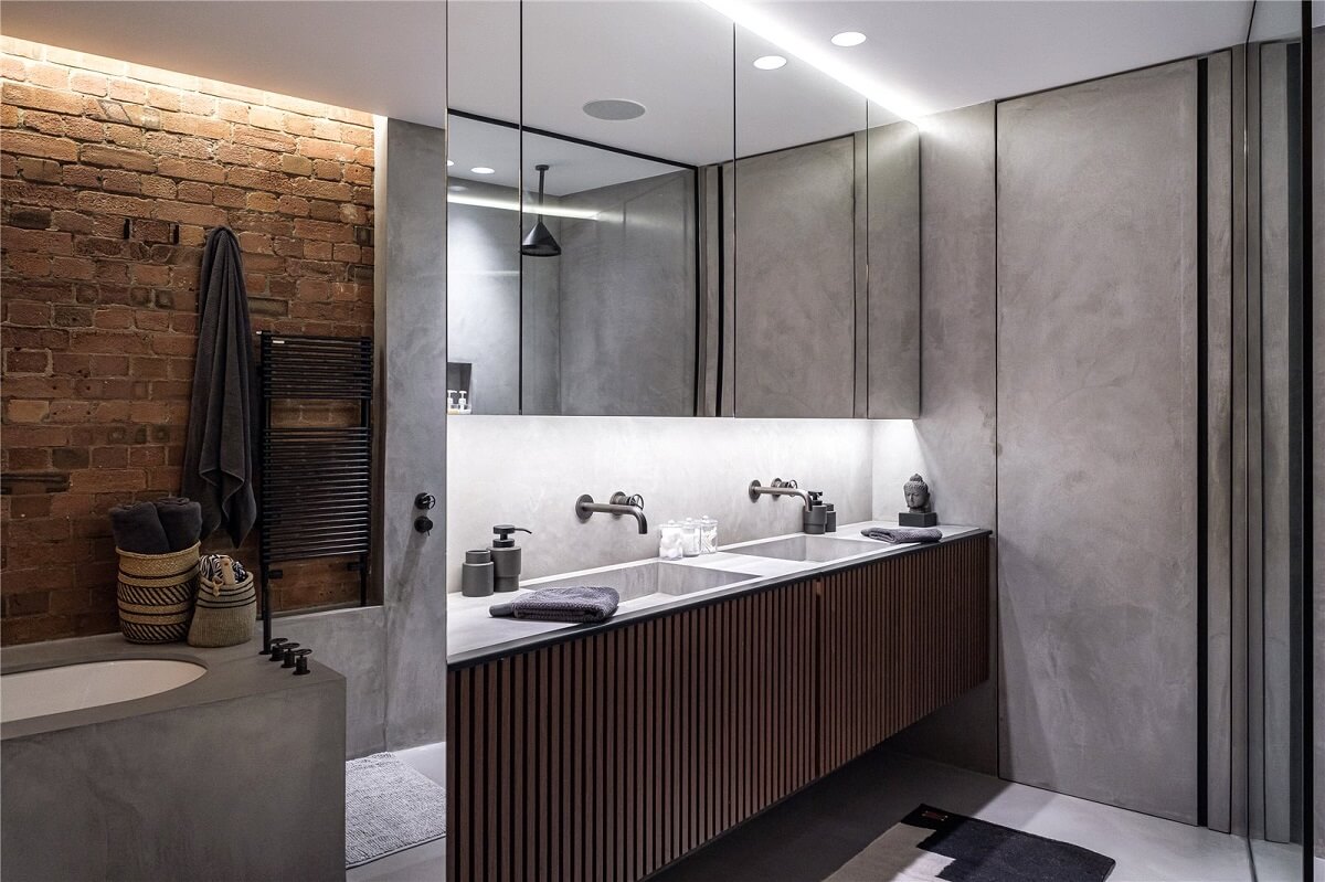 An Industrial, Loft-Style Duplex with Japanese Landscaped Roof Terraces 18 wooden bathroom vanity