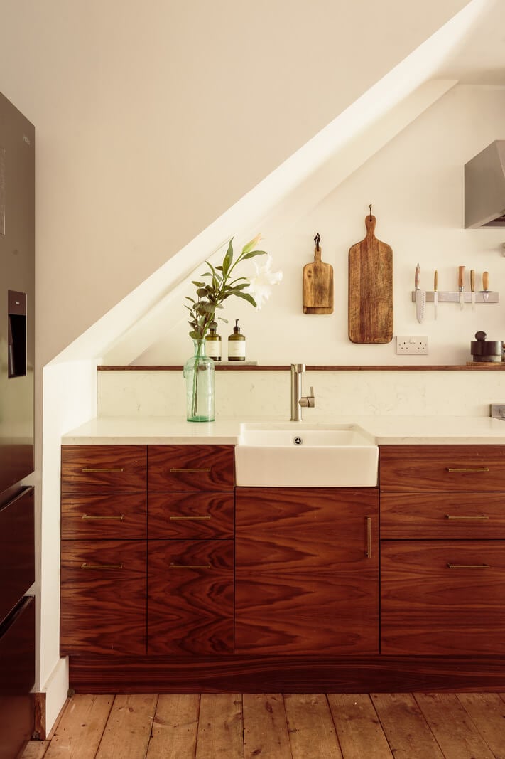 A Warm Ground Floor Apartment with Reclaimed Materials 7 wooden kitchen cabinets