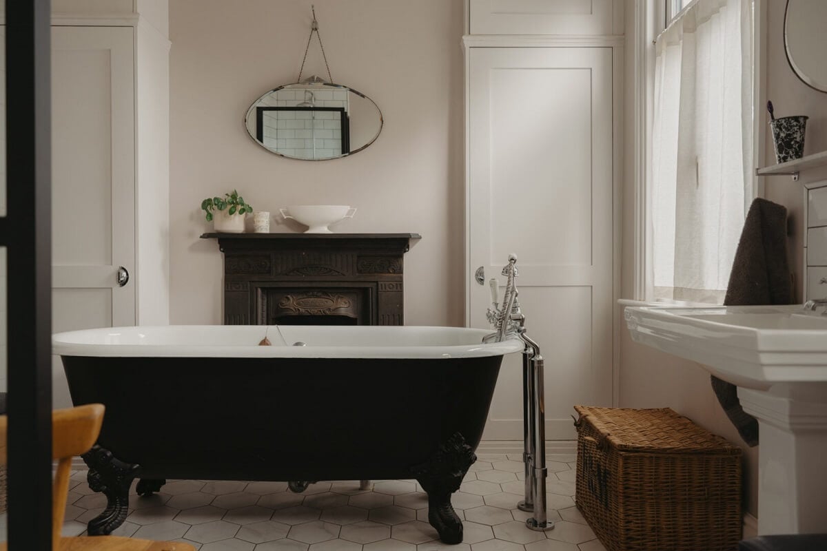Original Details and a Modern Extension in a London House 25 bathroom black freestanding bath fireplace