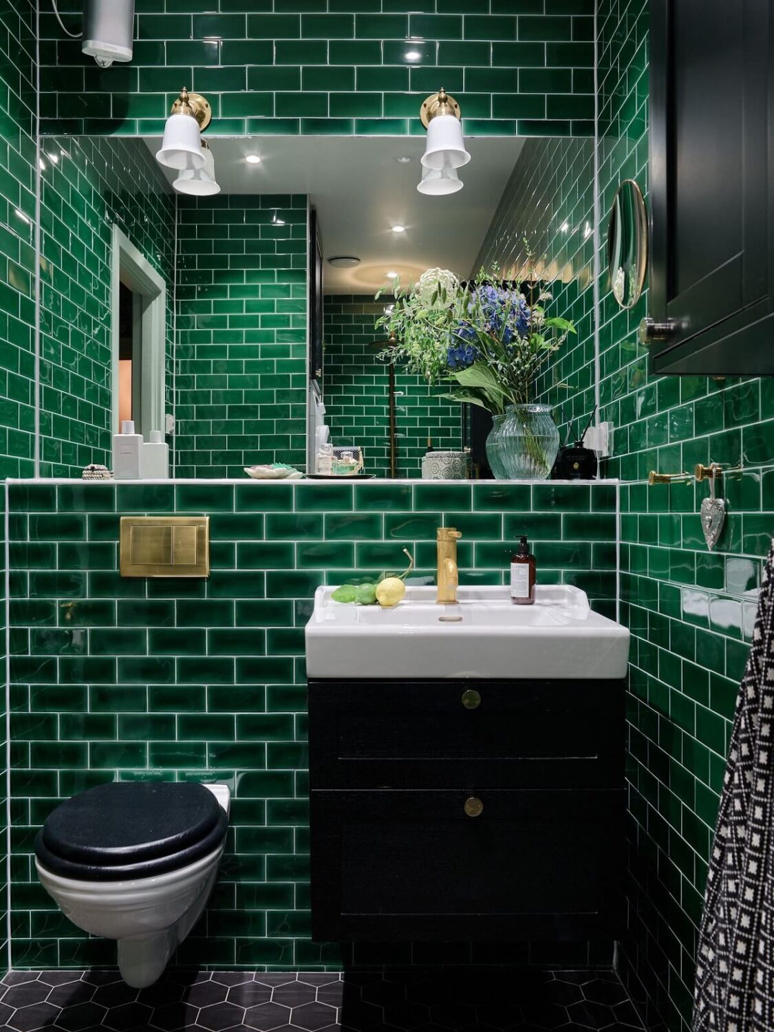 Best of 2024: Bathrooms 27 bathroom dark green glossy tiles black vanity nordroom