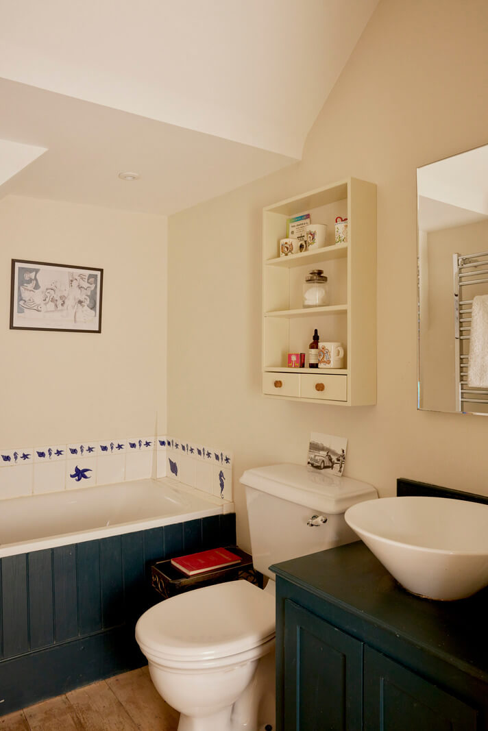 Muted Tones and an Orangery in a Victorian Coastal House 16 bathroom with blue woodwork