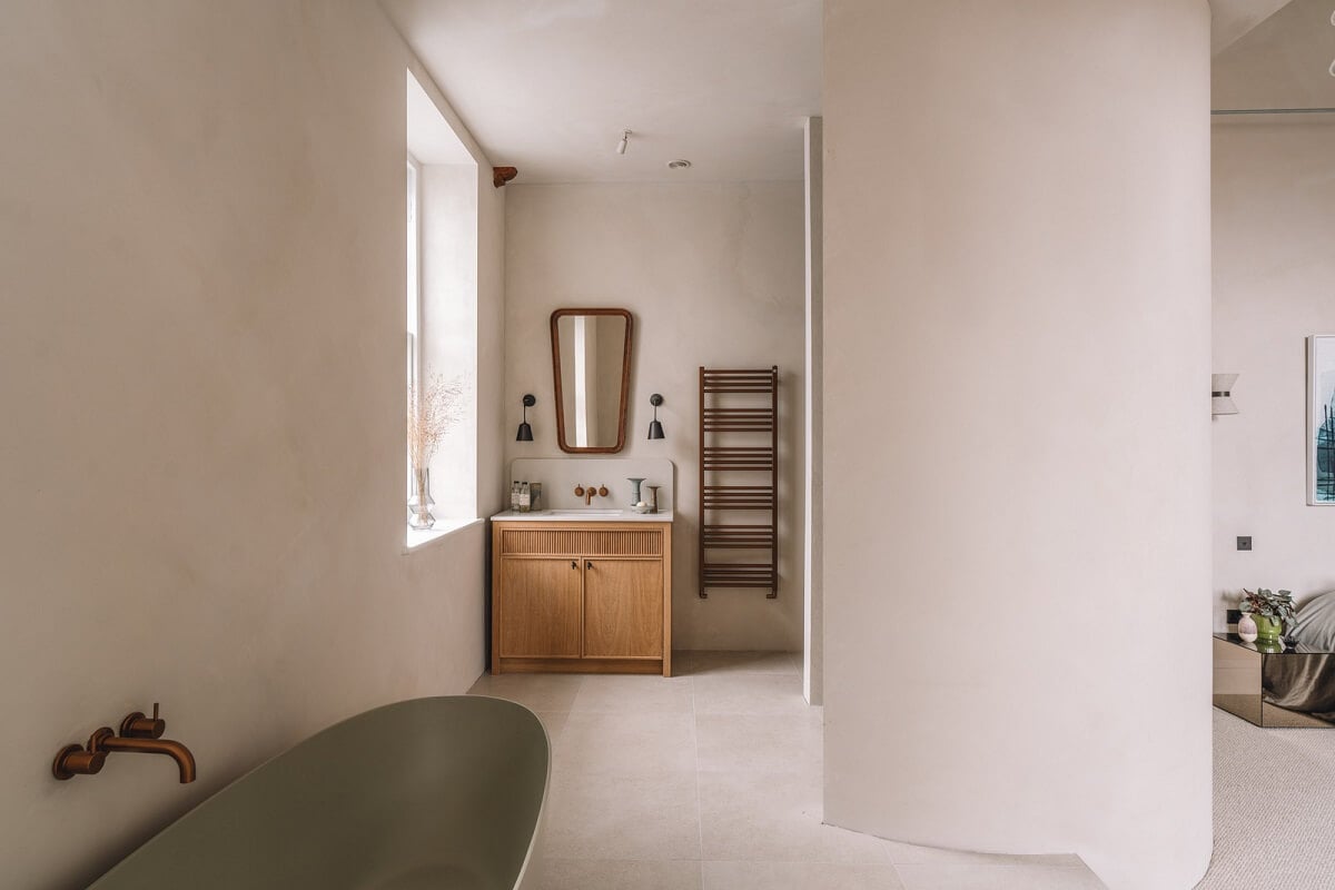 Contemporary Interiors with Limewash Walls in an Old School Building 14 bathroom with freestanding bath