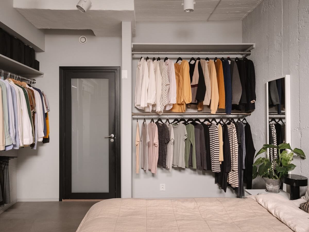 A Modern Industrial Basement Apartment in Sweden 16 bedroom open wardrobe