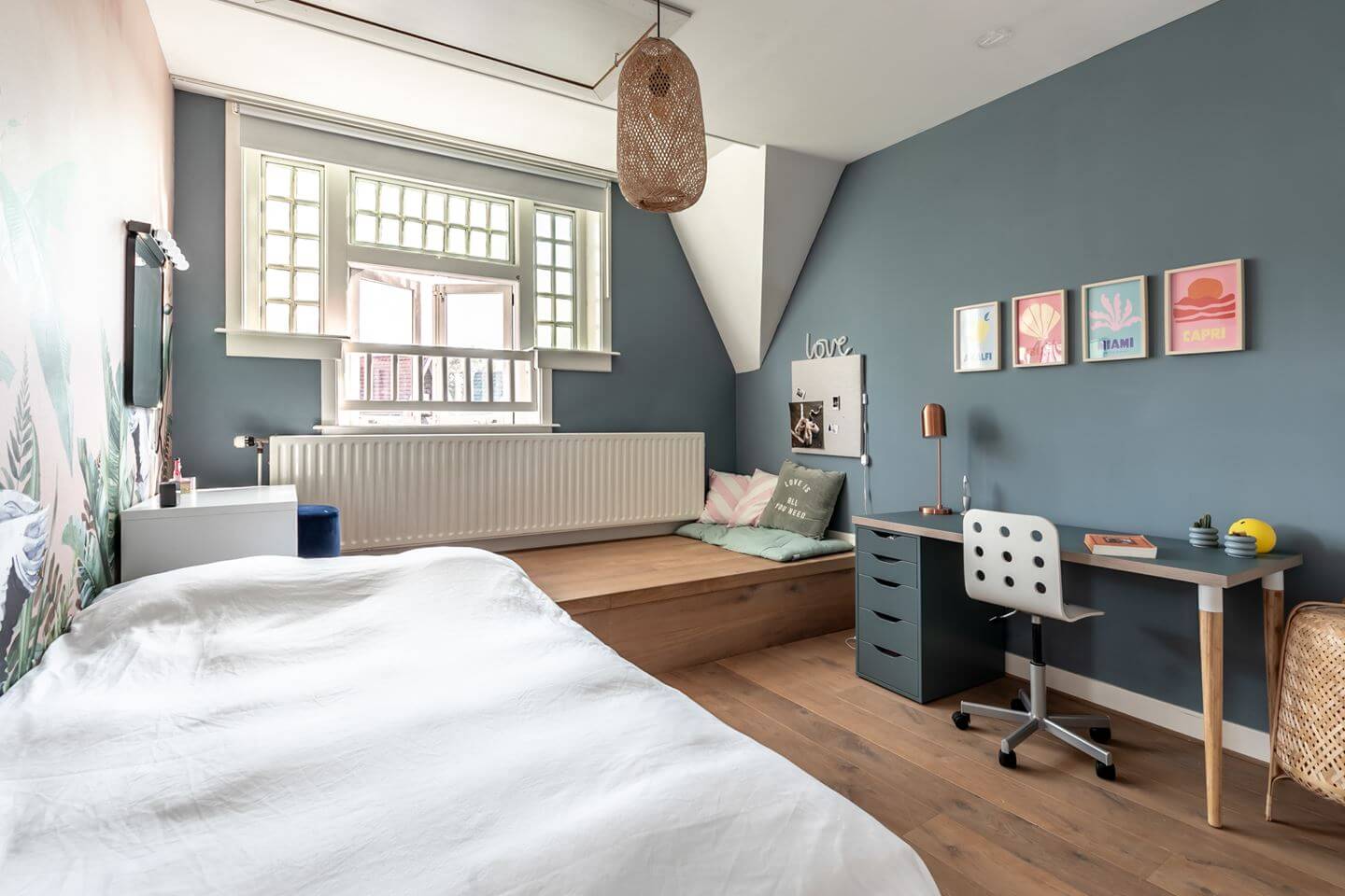 A Beautiful Monumental Villa with Green Color Accents 23 bedroom with blue gray walls and desk