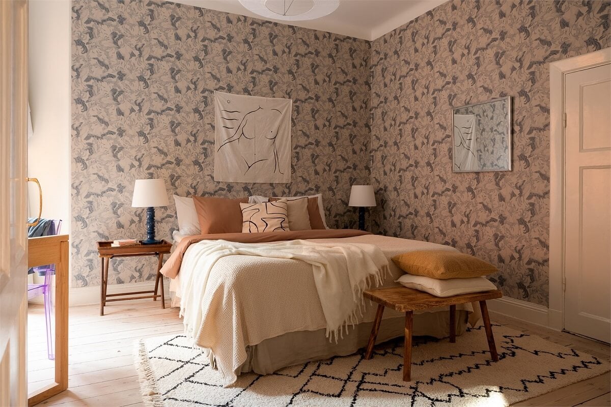Nature-Inspired Colors in a Charming Stockholm Apartment 13 bedroom with wallpaper and kilim rug