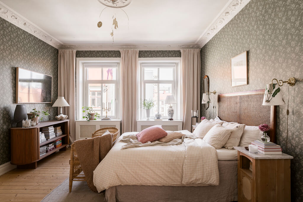 Hannes Mauritzson's Warm Yellow Hygge Apartment in Sweden 13 bedroom with wallpaper