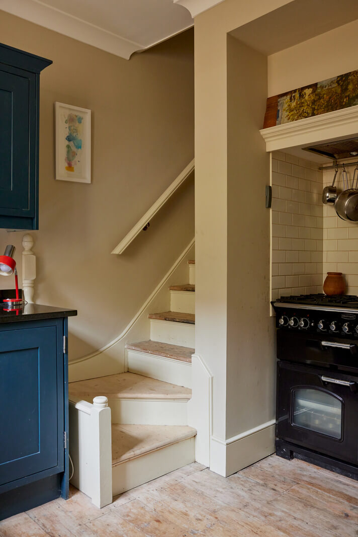 Muted Tones and an Orangery in a Victorian Coastal House 9 blue kitchen with staircase