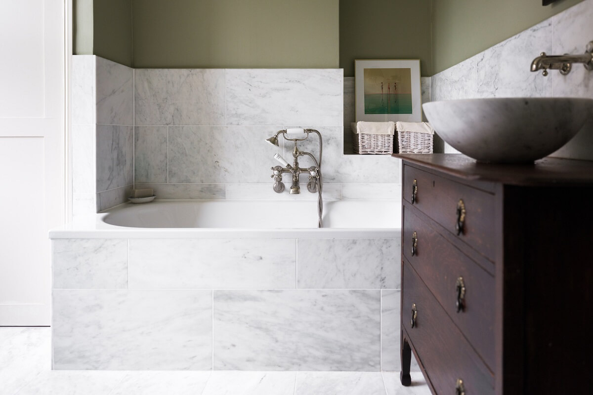 A Beautiful One-Bedroom Apartment with Plants and Period Features 13 carrara marble bathroom tiles