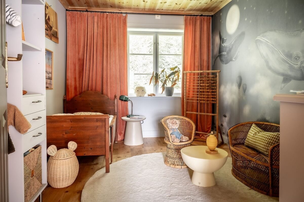A Warm Scandinavian Log House with a Green Roof 19 childrens bedroom wall mural