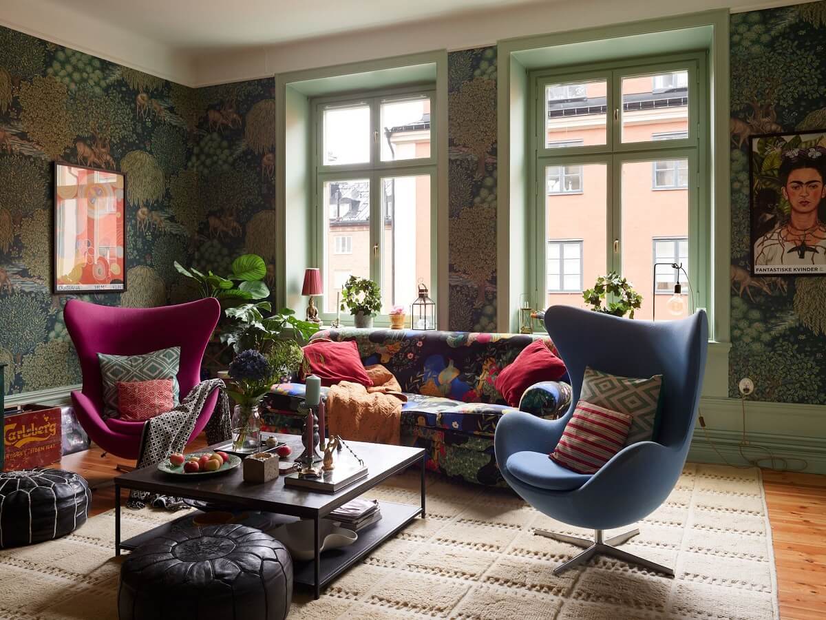 Pink and Green Rooms and Charming Wallpapers in a Family Apartment 14 colorful living room floral sofa wallpaper nordroom