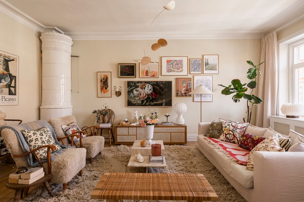 Hannes Mauritzson's Warm Yellow Hygge Apartment in Sweden 1 cozy hygge living room painted in light yellow by auro