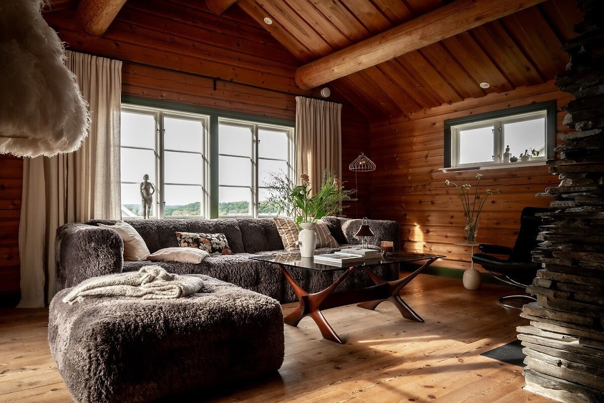cozy warm living room wooden walls