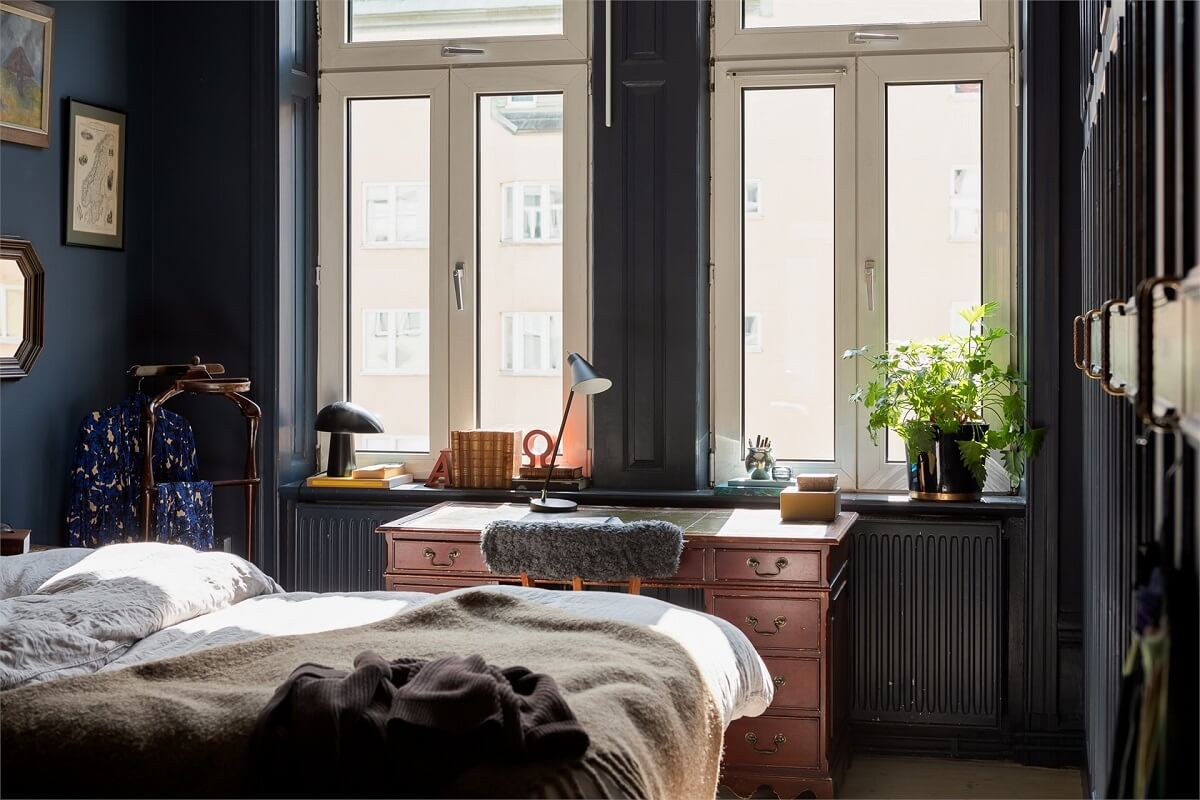 A Turn-of-the-Century Apartment with a Dark Blue Bedroom - Revisited 19 dark blue bedroom antique desk