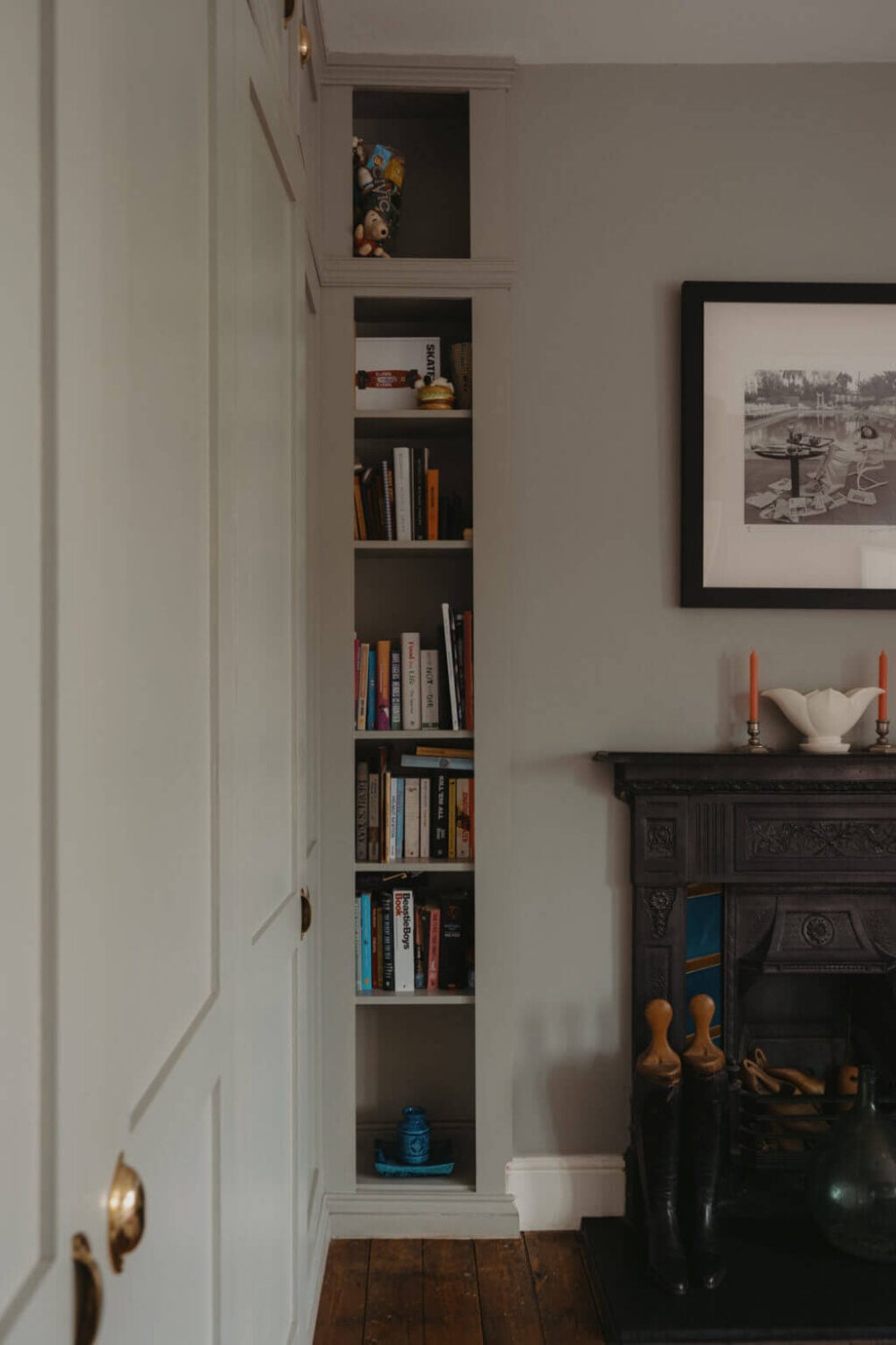 Original Details and a Modern Extension in a London House 19 gray bedroom little bookshelves niche