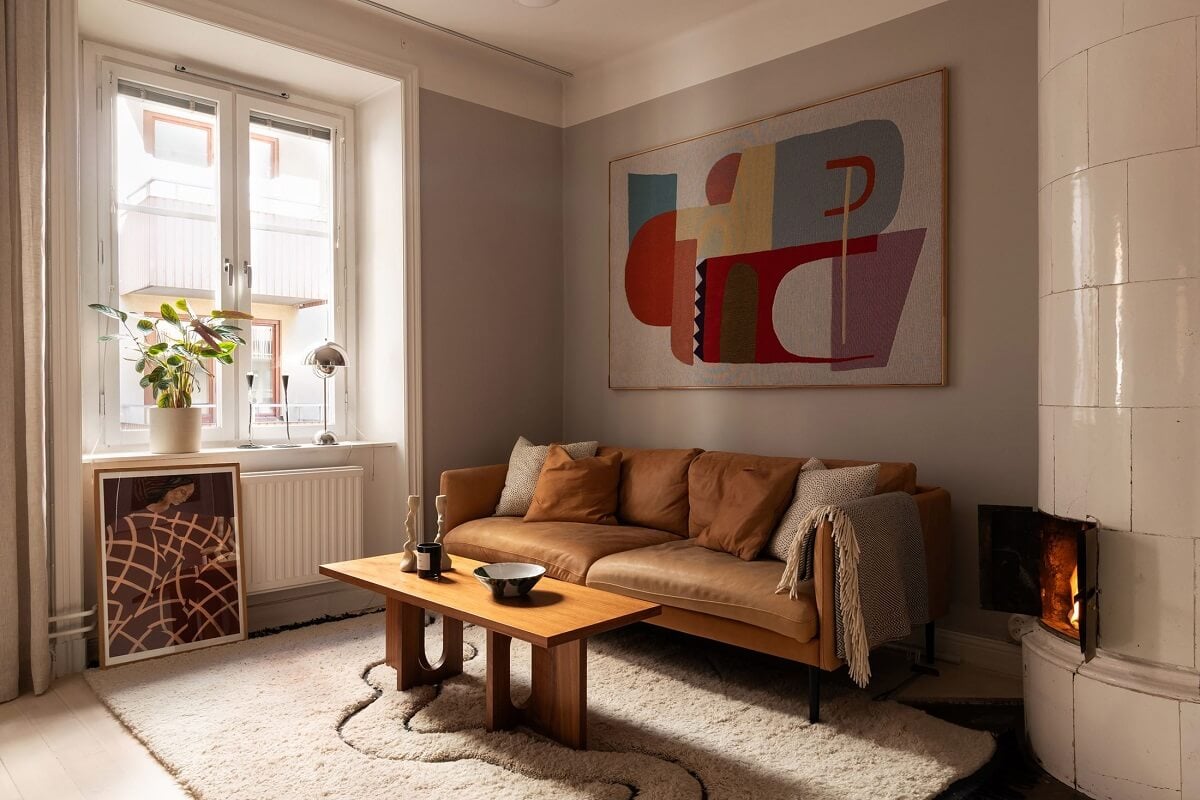 gray living room with earthy sofa